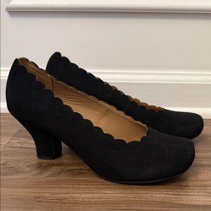 Hotter Jive Black Suede Leather Scalloped Edge Heels Shoes 7.5 7 1/2 38.5